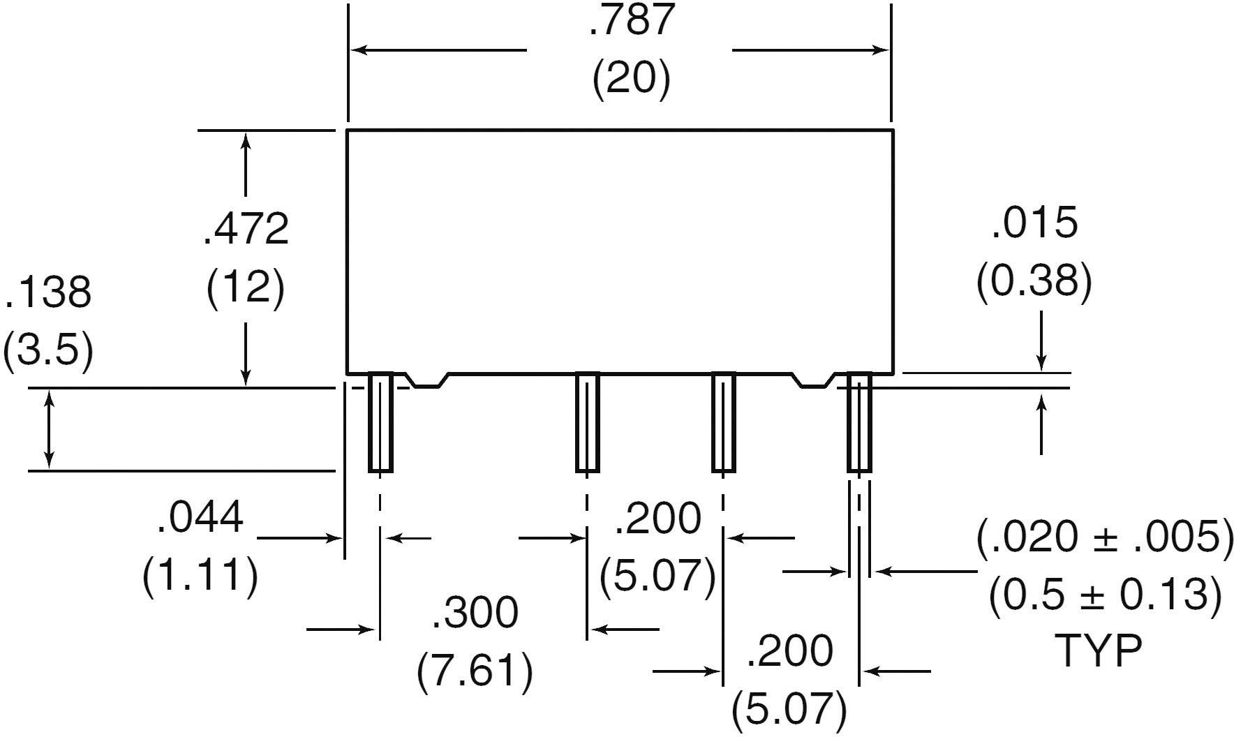 Rysunek techniczny elementu elektronicznego z wymiarami w calach i milimetrach. Szczegóły dotyczące szerokości, długości oraz rozstawu pinów.