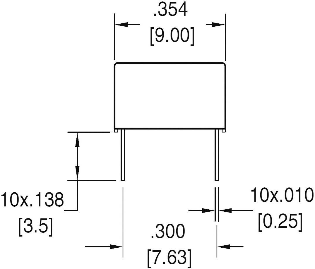 Rysunek wymiarowy elementu elektronicznego z podaniem długości i szerokości: szerokość 0,354 cala (9,00 mm), wysokość 0,300 cala (7,63 mm).