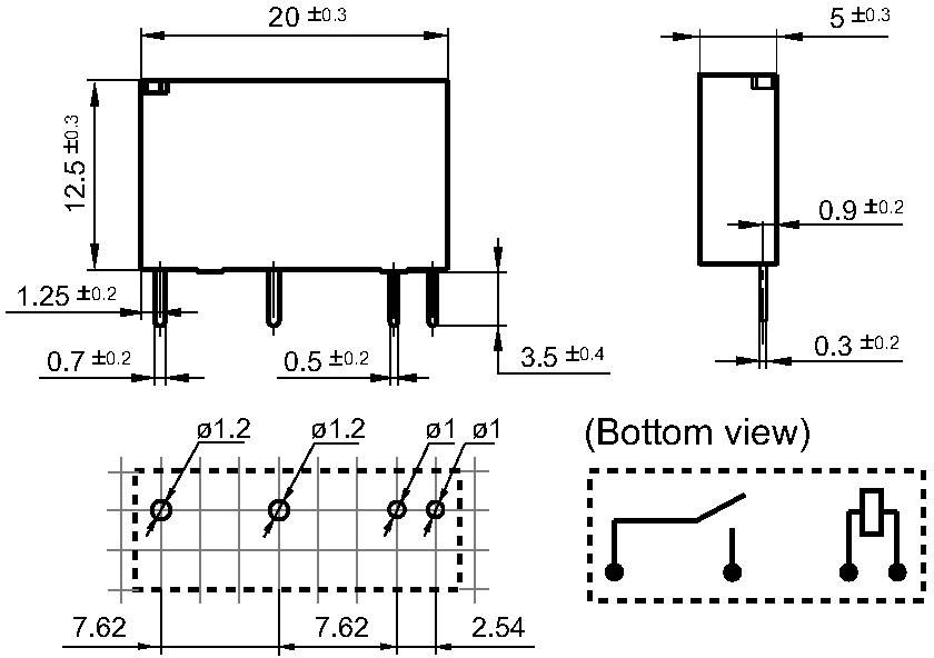 Elektryczny element obwodu: wymiary 20x12,5x5 mm, widok złączy i rozmieszczenia elementów z pozycjami otworów.