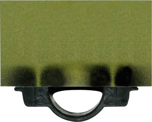 Czarny klips do mocowania do stołu, przykręcony do oliwkowozielonego blatu.