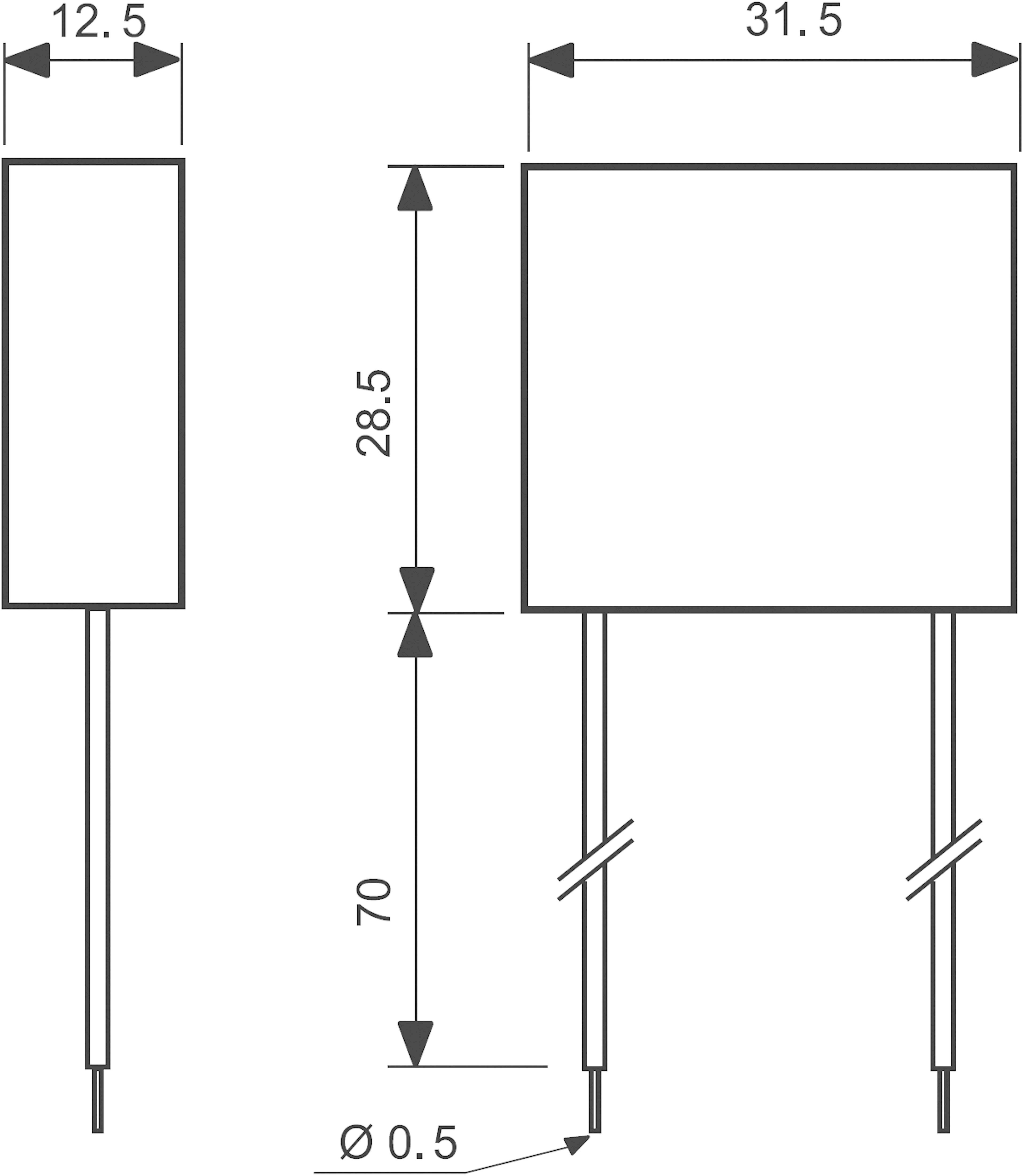 Szkic elementu elektronicznego o wymiarach: szerokość 12,5 mm, wysokość 28,5 mm, głębokość 31,5 mm, średnica otworu 0,5 mm.