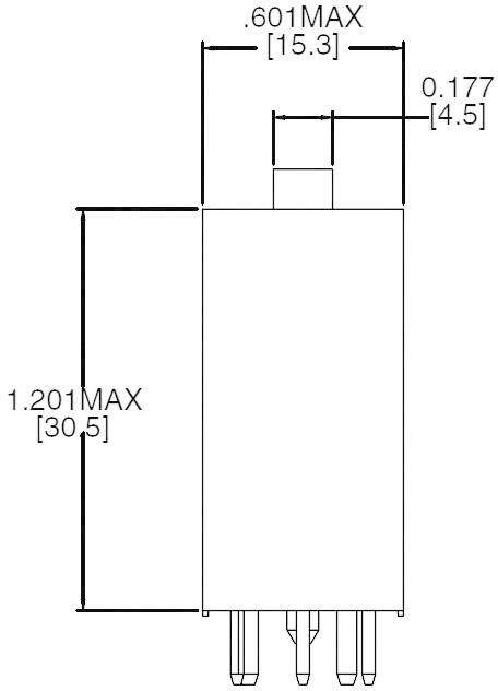 Rysunek techniczny elementu elektrycznego, przedstawiający istotne wymiary: maksymalna wysokość 1,201 cala [30,5 mm], maksymalna szerokość 0,601 cala [15,3 mm].