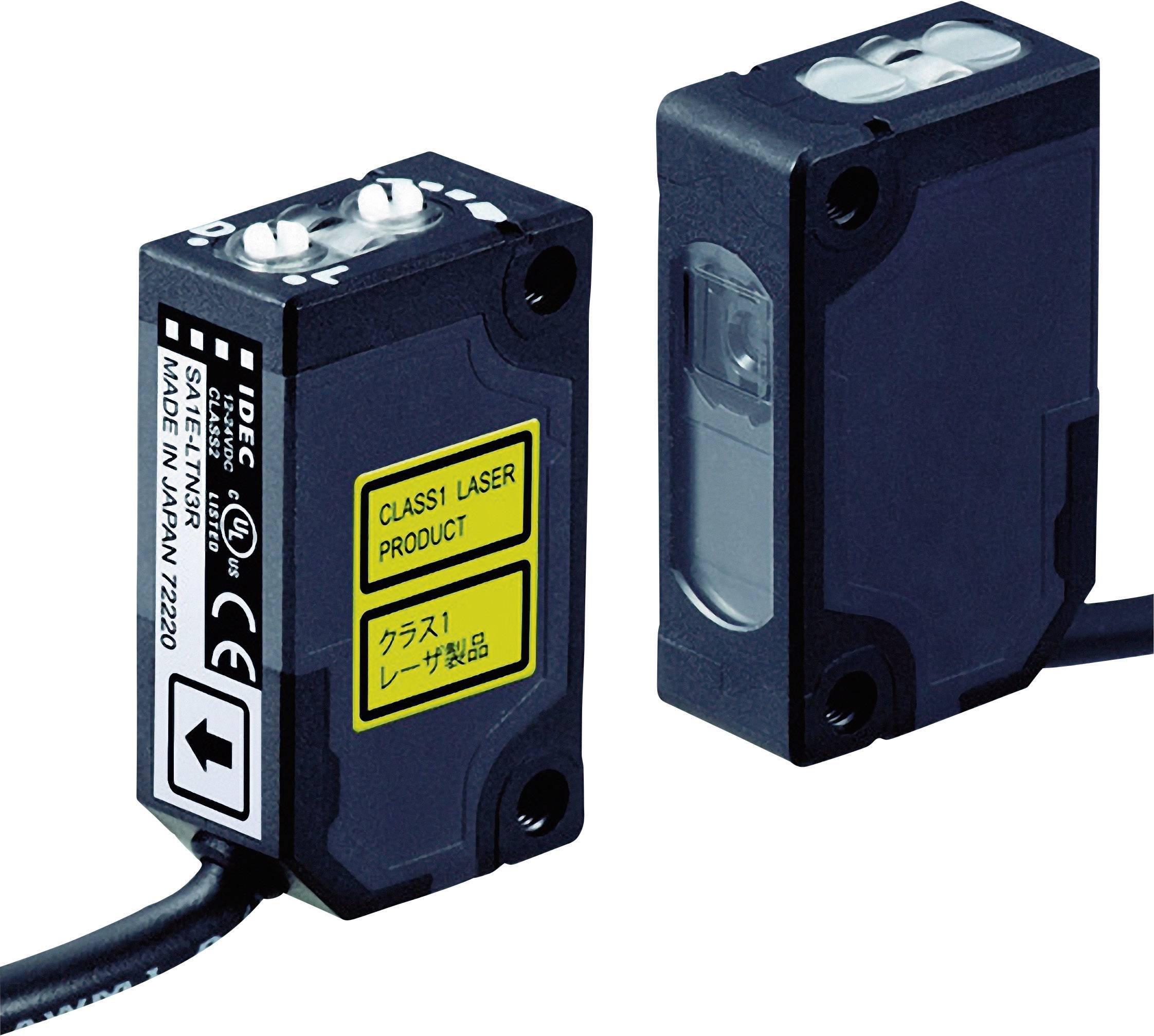 Dwa czarne elektroniczne sensory z przewodem, na etykiecie widnieje napis 'CLASS1 LASER PRODUCT'. Są przeznaczone do precyzyjnych pomiarów.