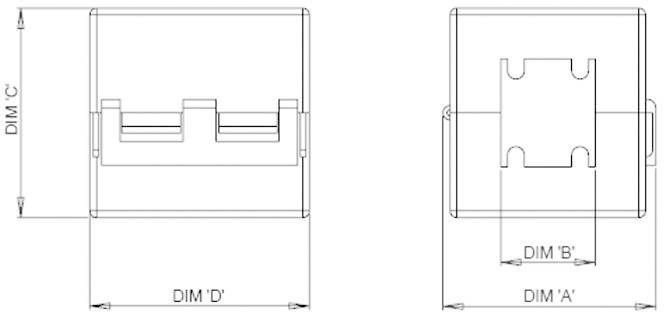 Rysunek techniczny dwóch obudów w widoku z przodu i z boku, z podanymi wymiarami DIM 'A', DIM 'B', DIM 'C' oraz DIM 'D'.