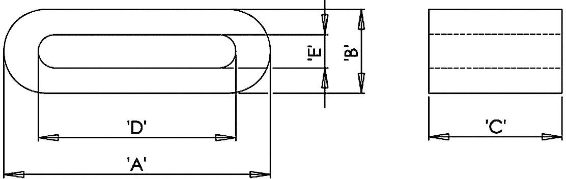 Rysunek techniczny dwóch prostokątnych obiektów z zaokrąglonymi bokami. Podane są wymiary 'A', 'D', 'E', 'B' i 'C'.