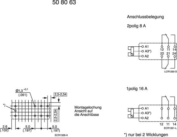 Rysunek techniczny złącza; przedstawia rozmieszczenie styków dla '2-biegunowego 8 A' oraz '1-biegunowego 16 A'; podane wymiary montażowe.