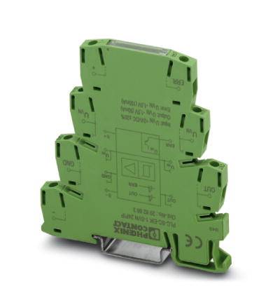 Zielony moduł elektroniczny firmy Phoenix Contact, przedstawiony pod skosnym kątem z boku, z wieloma złączami wejściowymi i wyjściowymi.