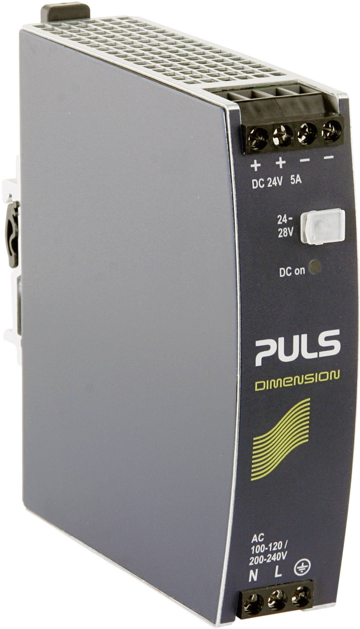 Przemysłowy zasilacz z oznaczeniem 'PULS Dimension'. Wyświetlacz wskazujący napięcie wyjściowe od 24 do 28 V oraz zasilanie wejściowe 100-240 V AC.