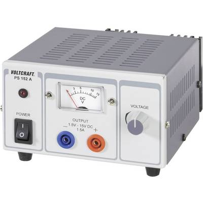 Zasilacz laboratoryjny z analogowym woltomierzem, przełącznikiem napięcia i włącznikiem/wyłącznikiem. Wyjście: 1,5-15V DC, 1,5A. Marka: Voltcraft PS 152 A.