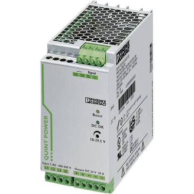 Zasilacz firmy Phoenix Contact, model QUINT POWER, o napięciu wejściowym 400-500 V AC i wyjściowym 24 V DC, 20 A.