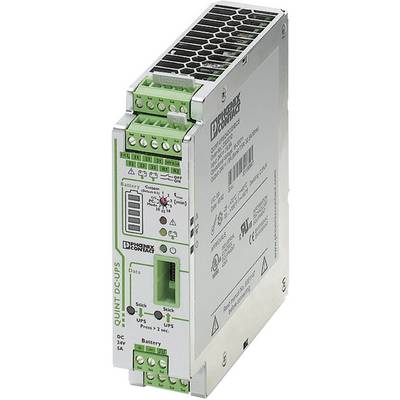 Elektroniczne urządzenie, prawdopodobnie zasilacz lub moduł UPS, z zielonymi punktami przyłączeniowymi i wskaźnikami LED na przedniej części.