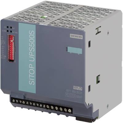 Moduł Siemens SITOP UPS500S, w kolorze szarym i czarnym, z czerwonymi i zielonymi lampkami sygnalizacyjnymi, z zaciskami przyłączeniowymi umieszczonymi od dołu.