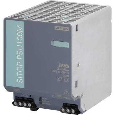Zasilacz Siemens SITOP PSU100M, w kolorze szarym i turkusowym, dostarcza 24V/20A prądu stałego. Idealny do zabezpieczania zastosowań przemysłowych.