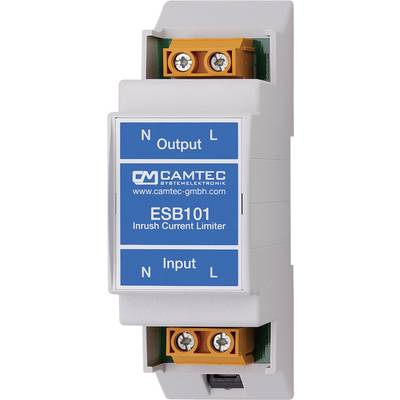 Elektroniczny ogranicznik prądu rozruchu marki CAMTEC o nazwie modelu ESB101, przedstawiający złącza wejściowe i wyjściowe.