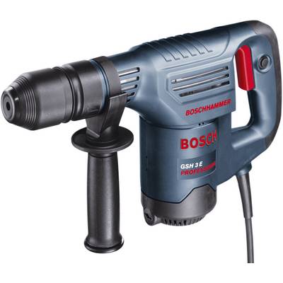 Elektryczny młot udarowy z czarną rękojeścią i niebieską obudową jest przedstawiony. Na boku widnieje napis 'BOSCH' oraz 'GSH 3E PROFESSIONAL'.
