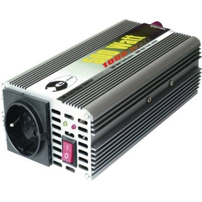 Na urządzeniu elektronicznym z gniazdem i włącznikiem widnieje napis „Falownik 500 W". Odpowiedni do przetwarzania prądu.