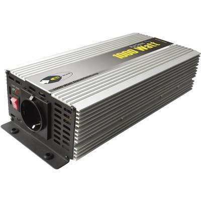 Falownik 1000 W z otworami wentylacyjnymi, czerwonym przełącznikiem i czarnym gniazdem elektrycznym z przodu.