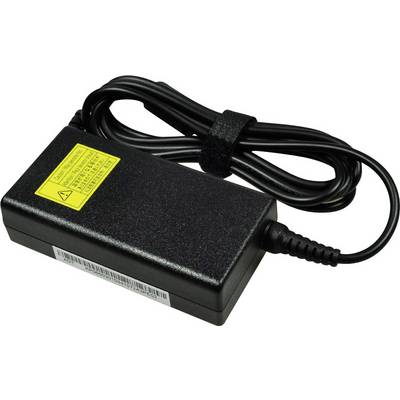 Czarny zasilacz z przewodem, powszechnie stosowany do ładowania urządzeń elektronicznych. Posiada żółtą naklejkę z ostrzeżeniami.