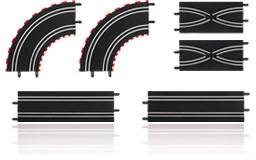 Zestaw czarnych torów wyścigowych zabawkowych składa się z dwóch segmentów zakrętów, dwóch segmentów skrzyżowań oraz dwóch segmentów prostych.