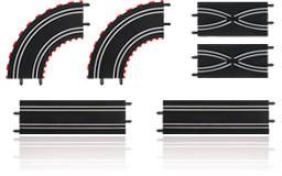 Sześć czarnych elementów toru wyścigowego do zabawkowych samochodów: dwa odcinki proste, dwie zakręty z czerwono-białymi oznaczeniami oraz dwie skrzyżowania.