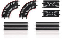 Sześć czarnych elementów toru wyścigowego, dwa zakręty i cztery proste odcinki, z białymi oznaczeniami.