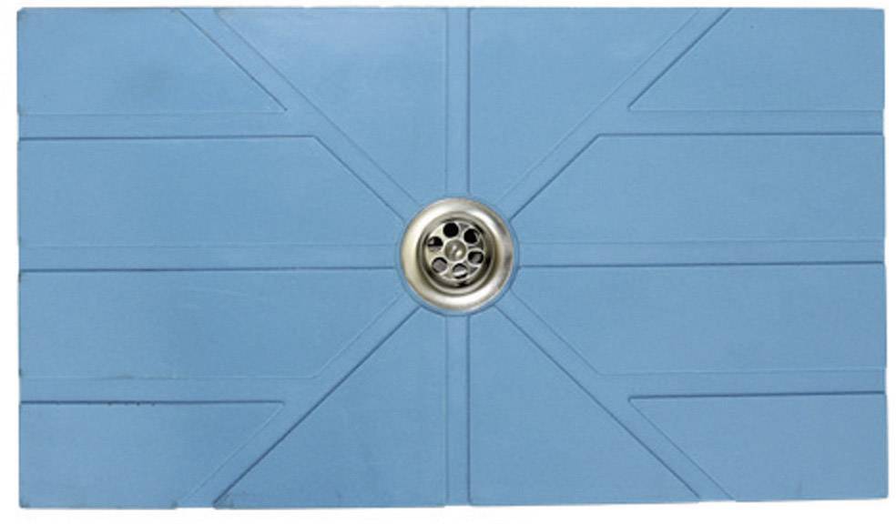 Prostokątna, niebieska kratka ściekowa z okrągłym metalowym odpływem pośrodku.