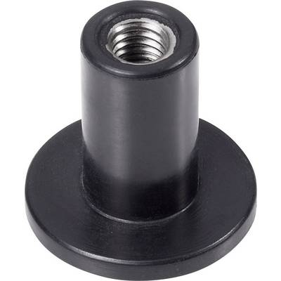 Czarny element z tworzywa sztucznego o kształcie cylindrycznym, posiadający gwintowany otwór od góry, używany do mocowania śrub.