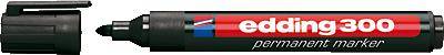 Czarny, otwarty marker permanentny edding 300 z czerwoną etykietą. Końcówka leży obok zdjętego wieczka.