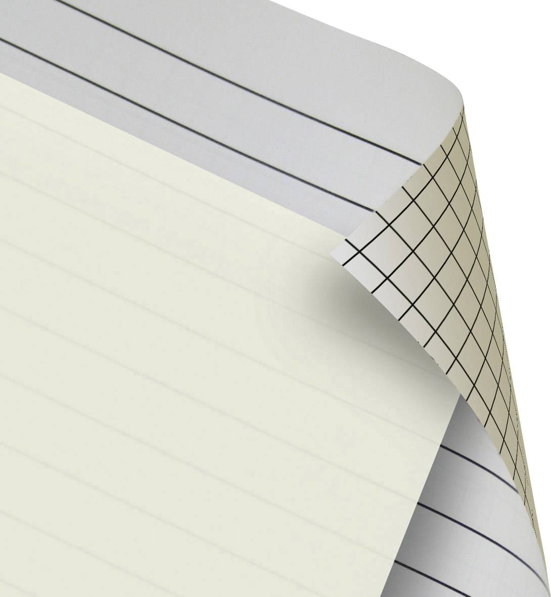 Rozłożony notes pokazuje dwie strony: lewą w linie, prawą w kratkę. Idealny do notatek i obliczeń matematycznych.