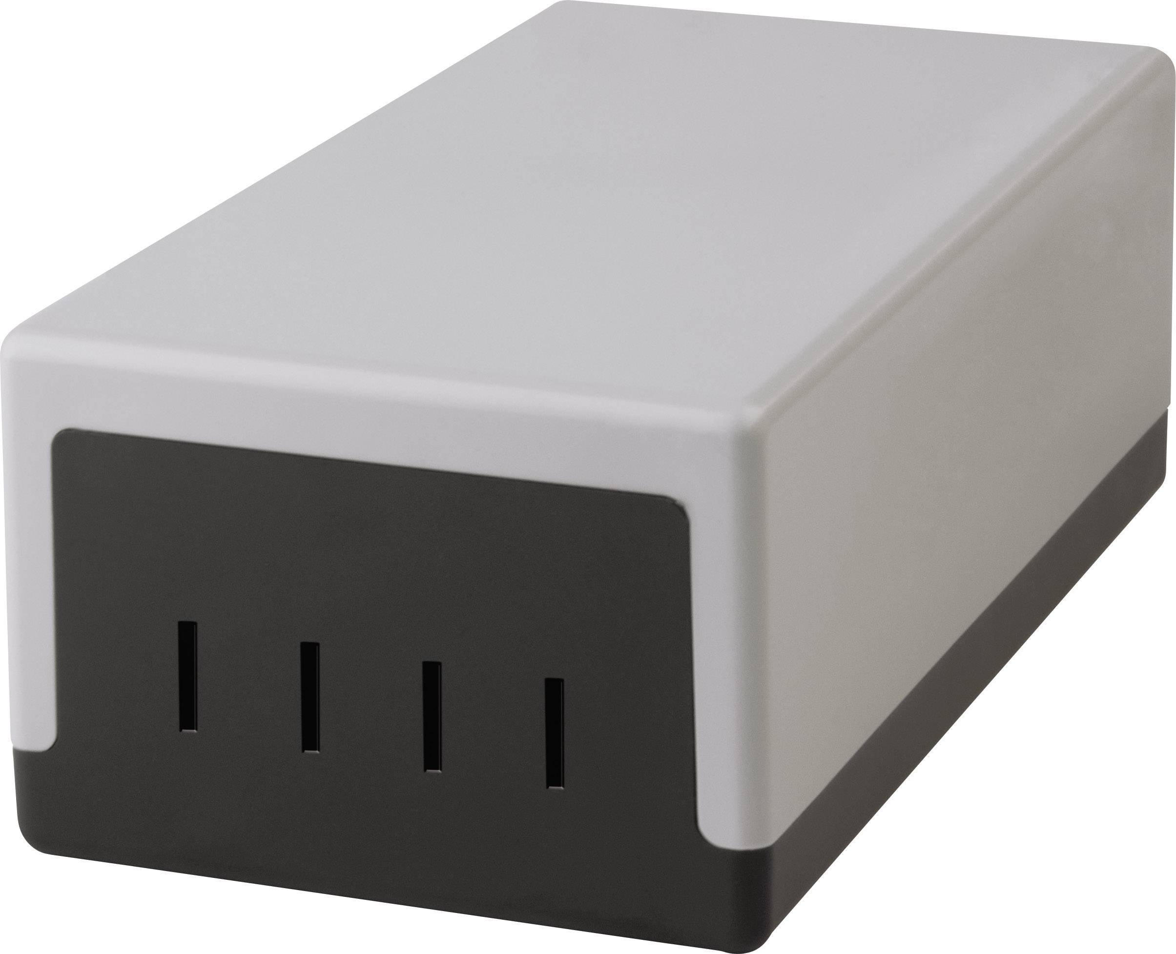 Prostokątne, szare urządzenie elektroniczne z czarnymi otworami wentylacyjnymi na przedniej ściance.