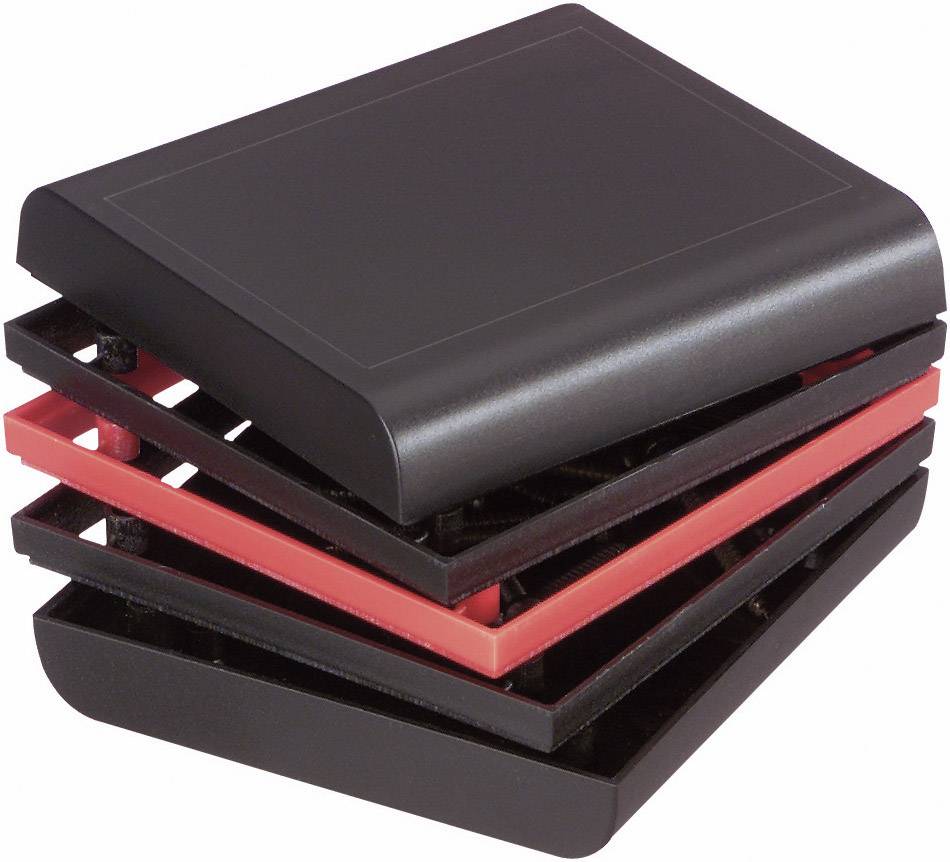 Czarno-czerwone urządzenie plastikowe, prawdopodobnie do tostowania lub przygotowywania kanapek. Kilka warstw wskazuje na możliwość układania jednego elementu na drugim.