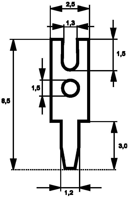 Rysunek techniczny elementu metalowego z precyzyjnymi wymiarami w milimetrach. Całkowita wysokość: 8,5 mm, szerokość: 2,5 mm.