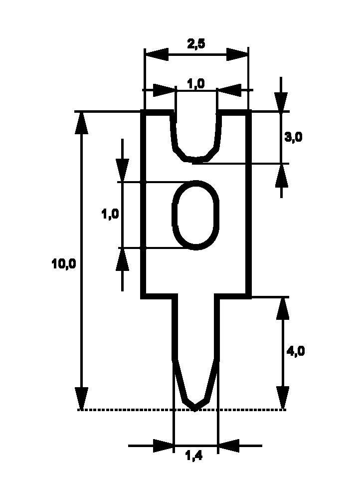 Rysunek techniczny obiektu z wymiarami: wysokość całkowita 10,0; szerokość 2,5; wycięcie okrągłe pośrodku; wąska końcówka u dołu.