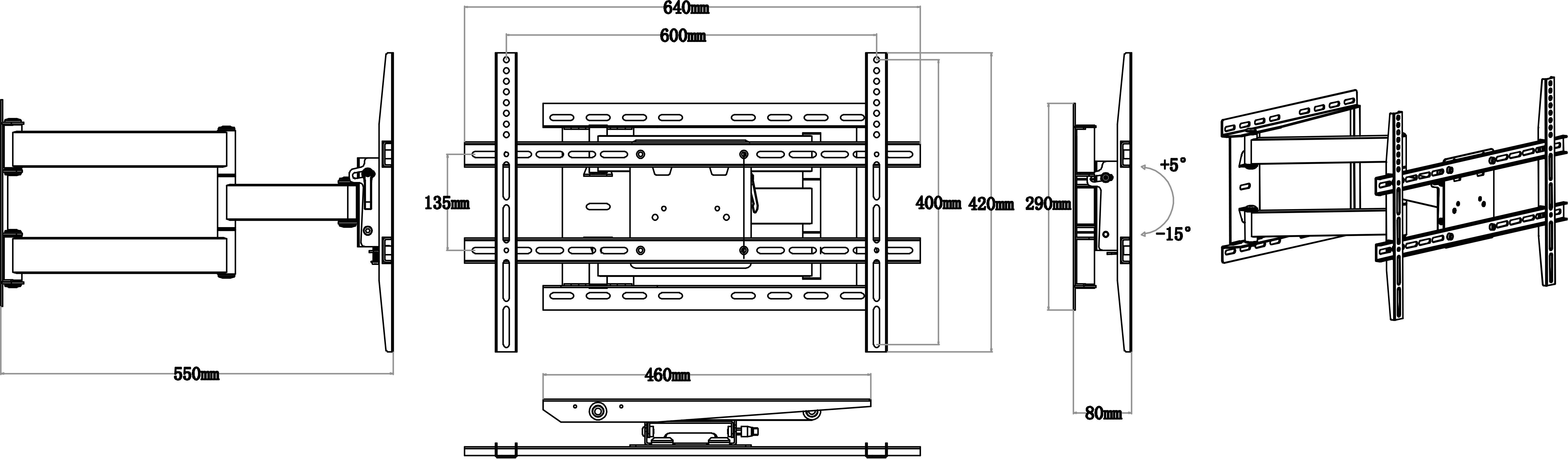 Instrukcja montażu uchwytu telewizora z funkcją obracania. Przedstawia wymiary, kąt pochylenia od -15° do +15° oraz maksymalną długość wysięgnika wynoszącą 500 mm.