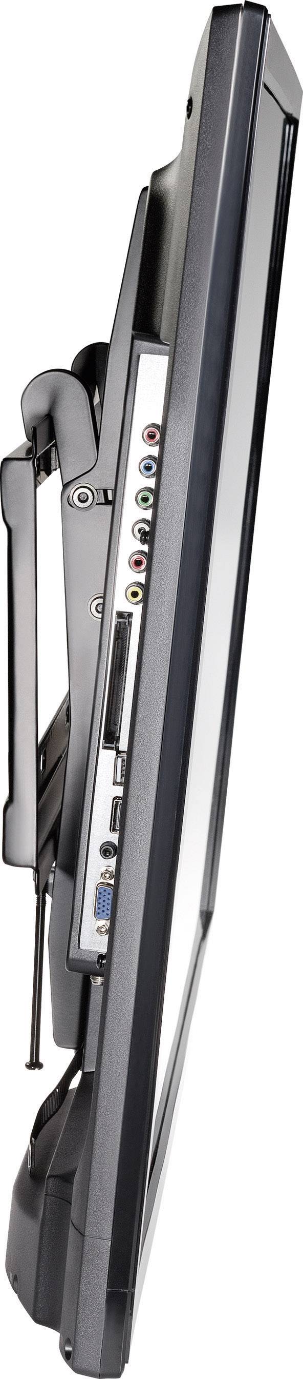 Monitor komputerowy widziany z boku, prezentujący złącza i zarządzanie kablami.