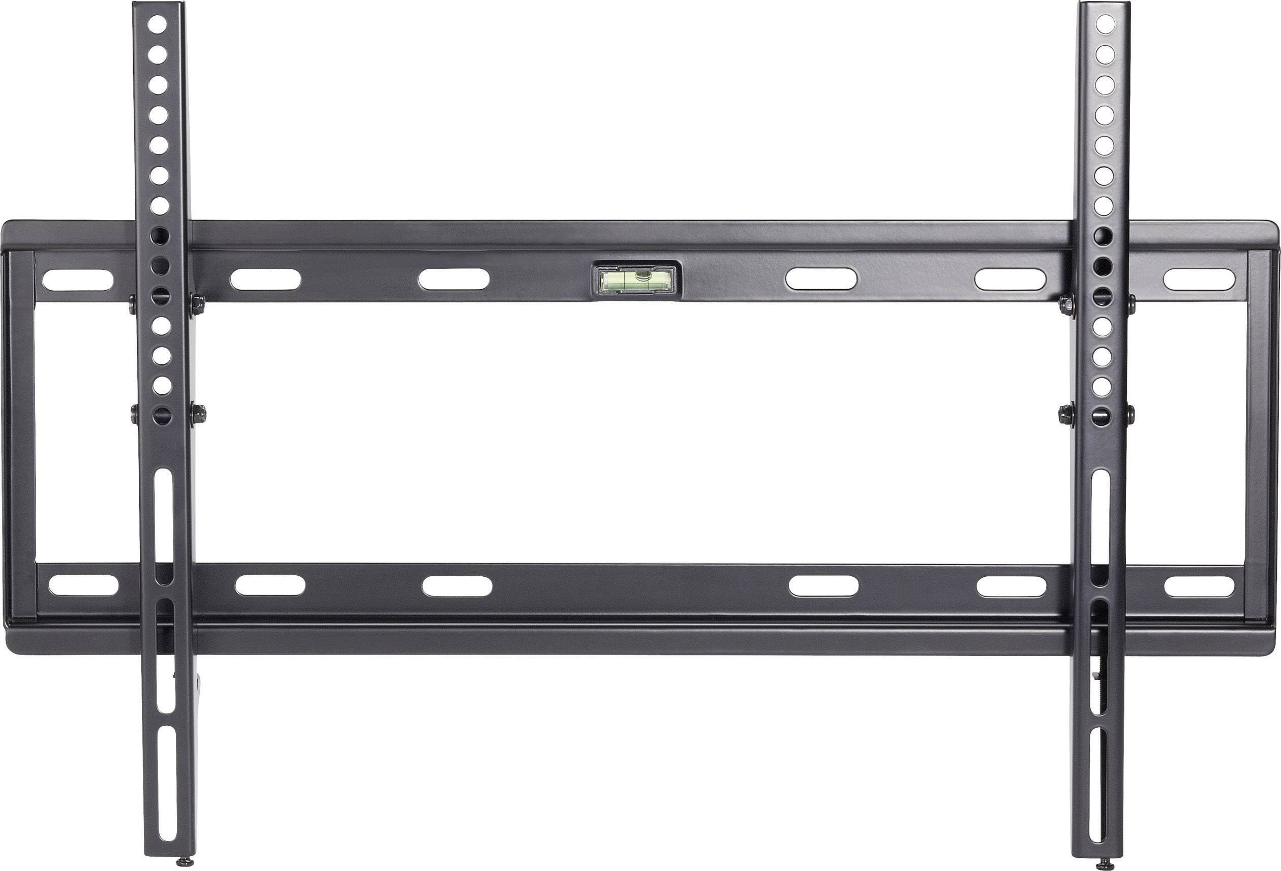 Uchwyt ścienny do telewizora z wbudowaną poziomicą. Widoczne przewody i otwory na śruby. Odpowiedni dla dużych ekranów.