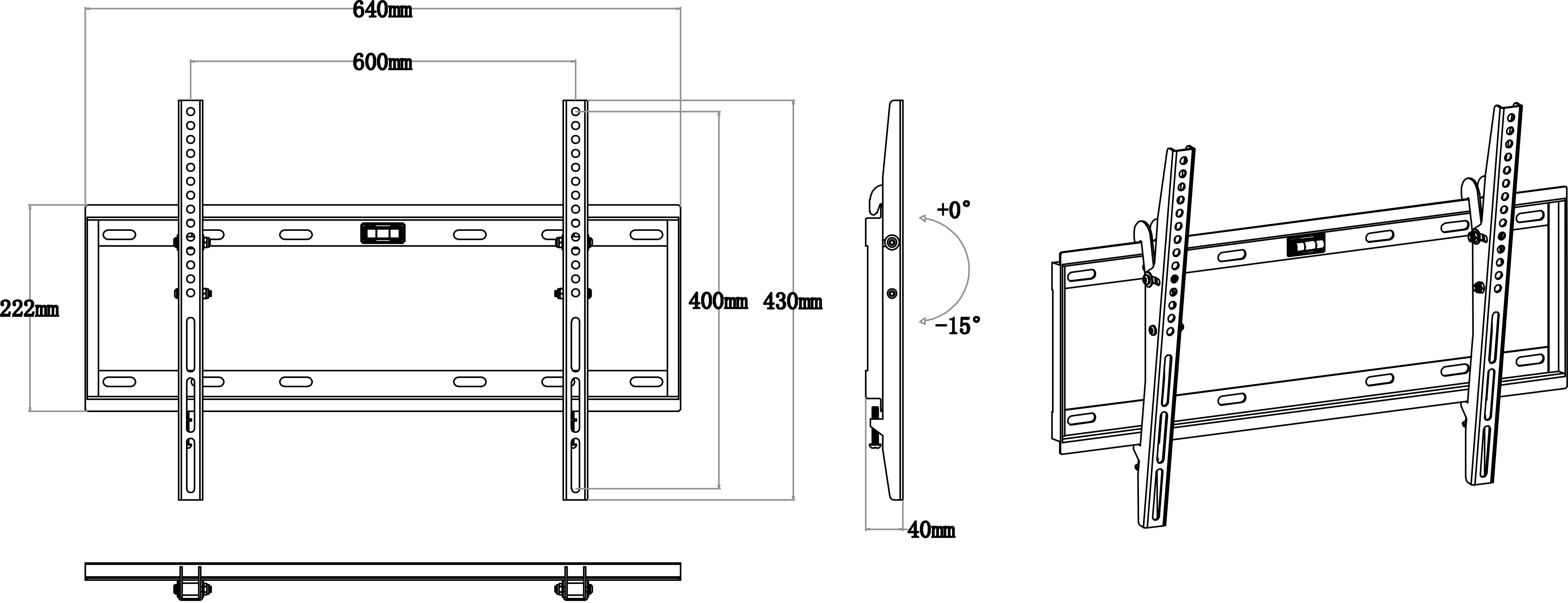 System mocujący do telewizora płaskiego z regulacją pochylenia. Szczegóły: główna płyta 620mm x 400mm, możliwość regulacji pochylenia między +10° a -15°.