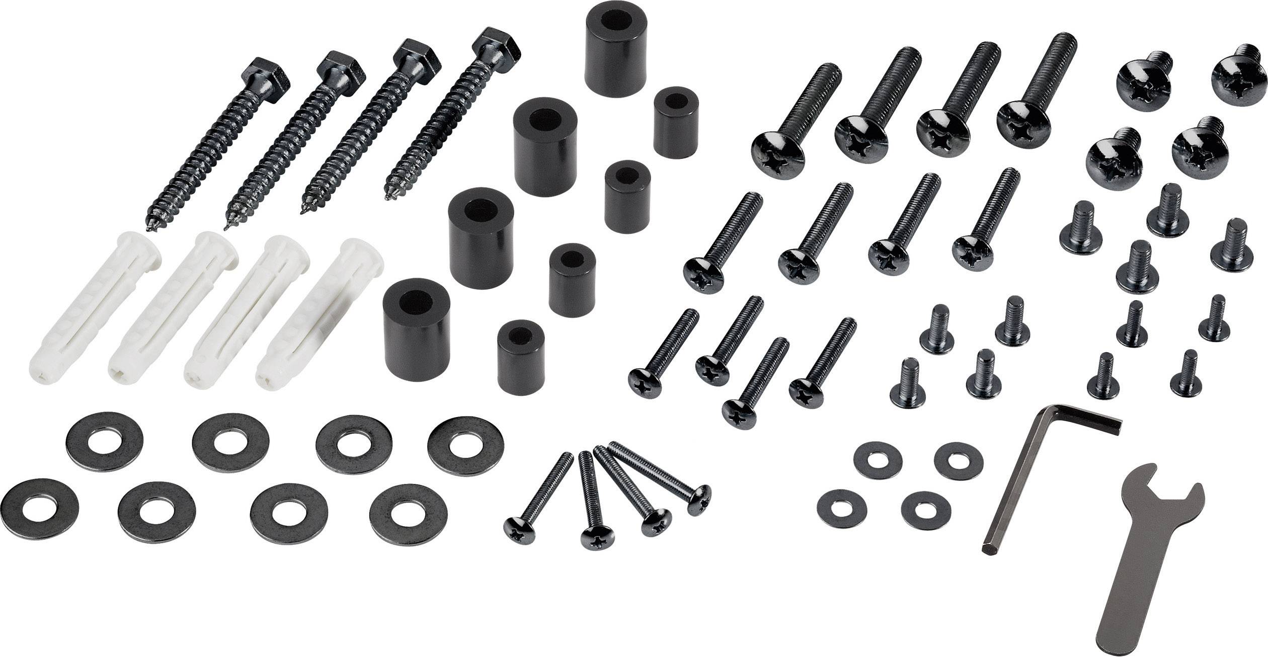 Zestaw różnych śrub, kołków, podkładek i narzędzi ułożonych na powierzchni, przygotowany do montażu.