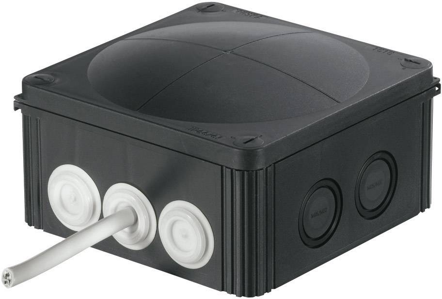 Czarna rozdzielnia elektryczna z podłączeniami kablowymi i wieloma pokrywami.