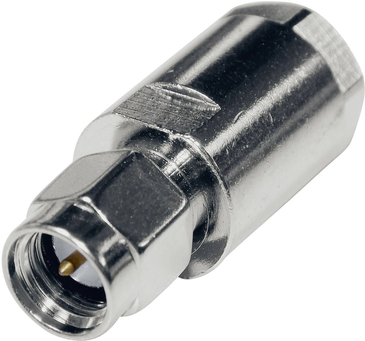 Metalowy adapter koaksjalny o sześciokątnym kształcie z gwintem wewnętrznym, stosowany do połączeń kablowych w urządzeniach elektronicznych.