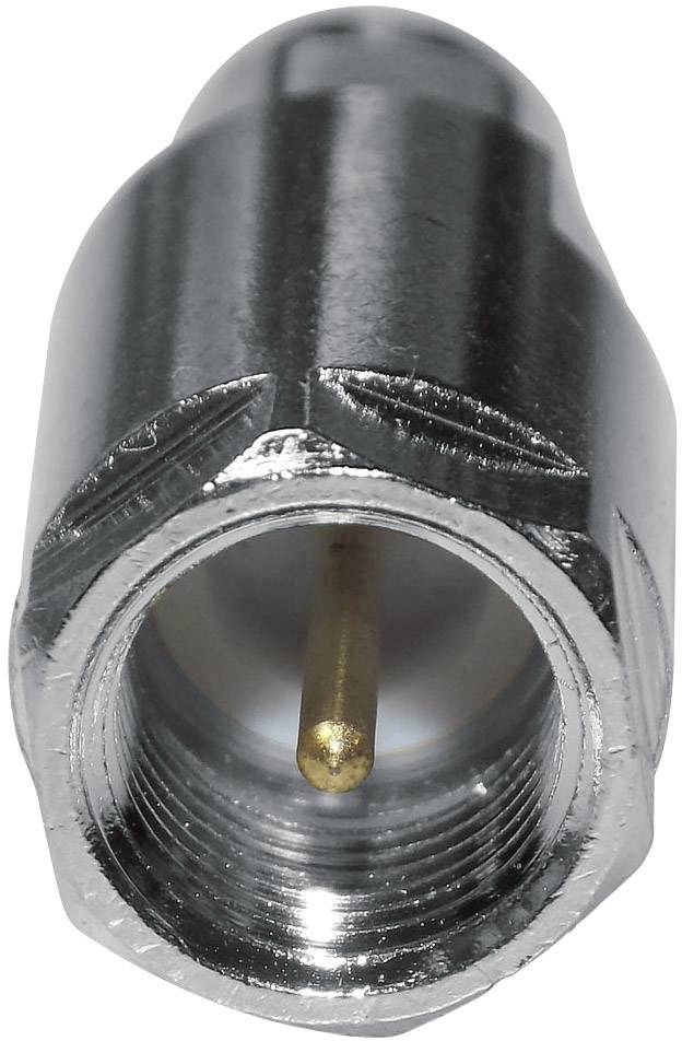 Srebrny wtyk F, który jest typowo stosowany do połączeń przewodów koncentrycznych w technice telewizji satelitarnej i kablowej.