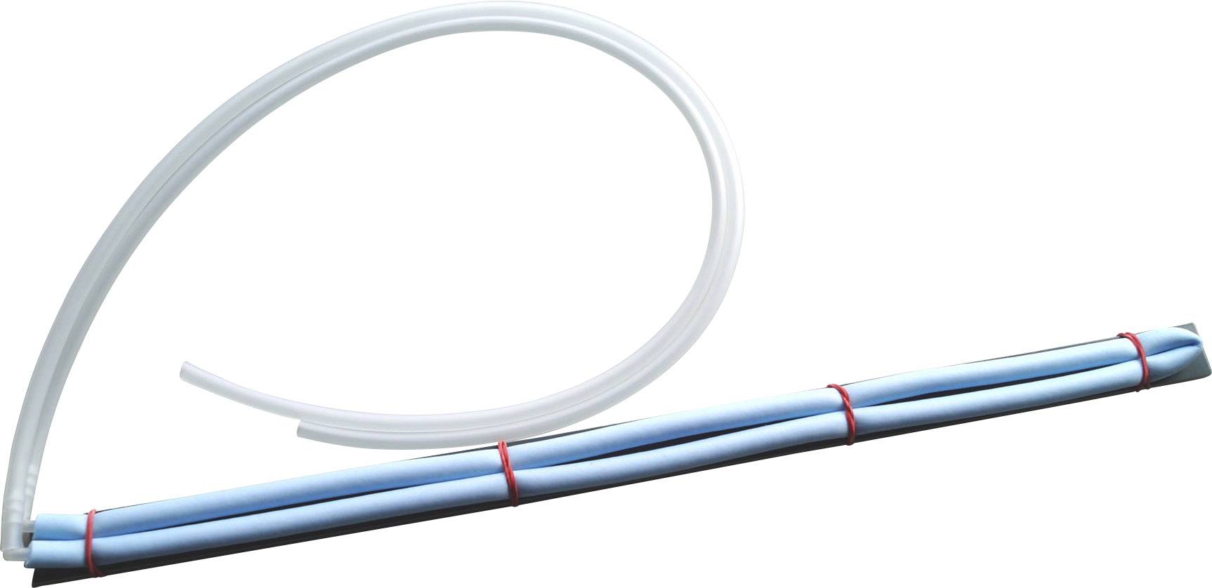 Niebieski i biały wąż, wielokrotnie złożony w wiązkę i przymocowany czerwonymi zaciskami. Jeden koniec jest zagięty i otwarty.