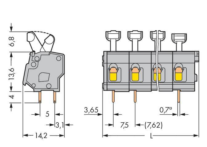 'Rysunek techniczny elektrycznego przełącznika z wymiarami: 14,2 x 13,6 mm. Szczegóły dotyczące pinów, złączy i podłączenia przewodów.'
