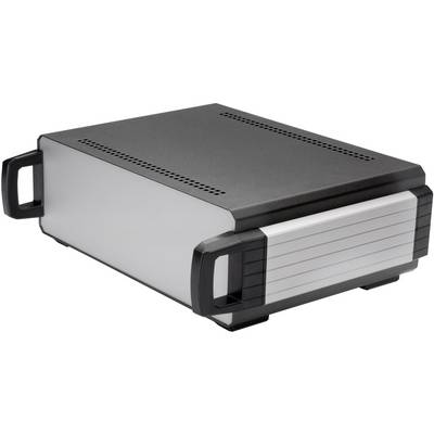 Prostokątna obudowa metalowa z dwoma uchwytami bocznymi i wentylowaną górną pokrywą, przeznaczona do elektronicznych urządzeń.