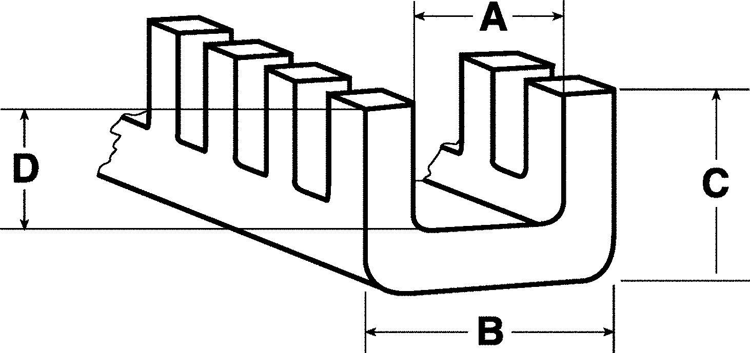 Techniczny diagram przedstawia element w kształcie litery U z pięcioma równomiernymi nacięciami na górnej powierzchni. Zaznaczone są długości A, B, C, D.