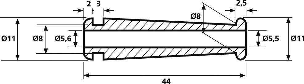 Rysunek techniczny stożkowego przewodu rurowego z wymiarami: średnica zewnętrzna 11 mm, średnica wewnętrzna zmienna od 8 do 5,6 mm, długość 44 mm.