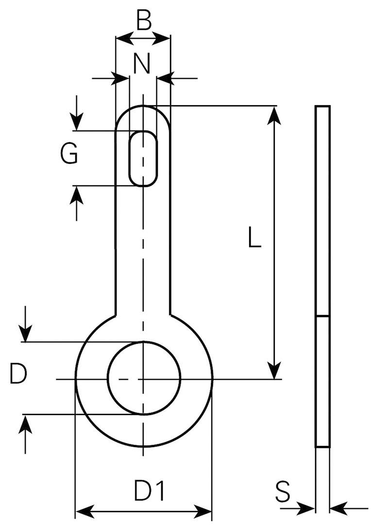 Rysunek techniczny pierścienia mocującego z wymiarami: szerokość (B), wysokość (L), średnica (D, D1), szerokość rowka (N), grubość materiału (S).