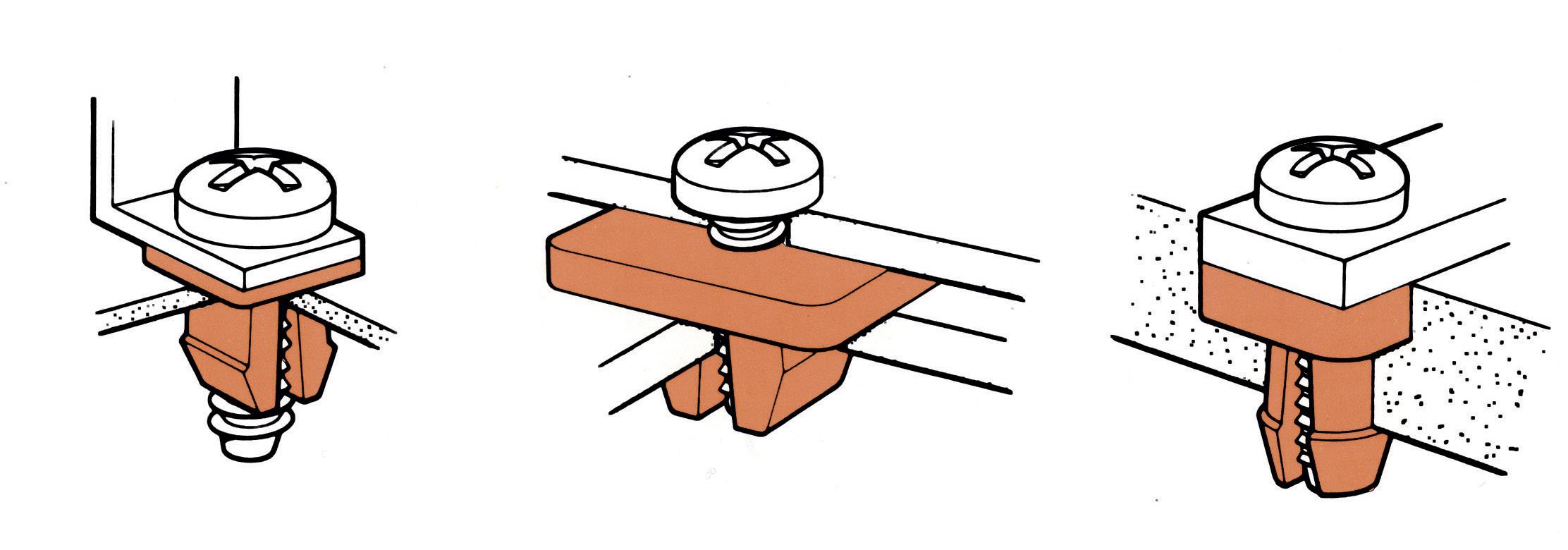 Trzy ilustracje przedstawiają różne sposoby użycia kołka rozporowego: w kształcie litery L, z kątem mocującym oraz zamontowany w ścianie.