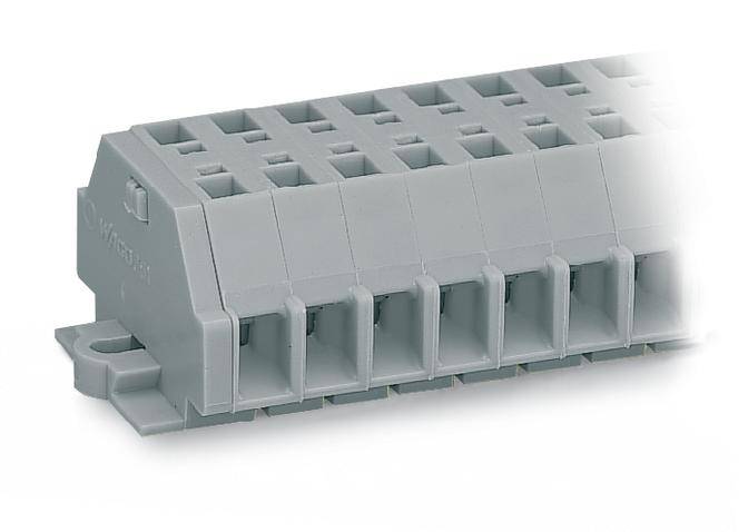 Szary plastikowy element łączący z wieloma gniazdami, stosowany w połączeniach elektrycznych w automatyce przemysłowej.