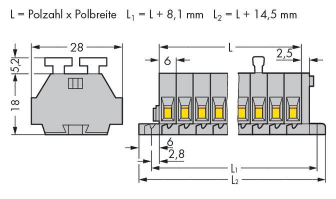 Rysunek techniczny złącza elektrycznego z wymiarami. Szczegóły dotyczące wysokości, szerokości i długości. Zawiera wzory do obliczania długości.
